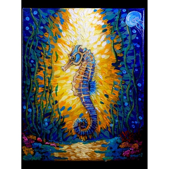 Enchanting Original 8x10 Acrylic Painting - Majestic Seahorse in Ocean Hues - Picture 1 of 1